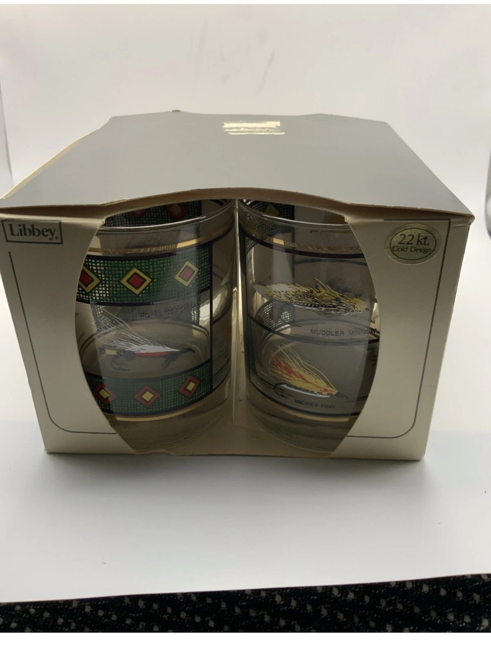 Vintage Libbey Fly Fishing Bar Glasses Cocktail Set Of 4 MCM 22kt Design - NOS